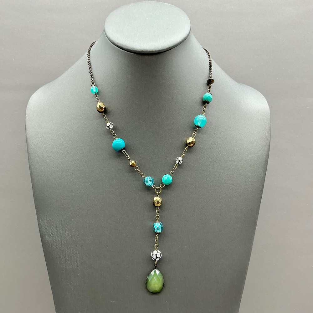 Oasis Necklace Women Green Turquoise Gold Tone Beaded Y-Drop Teardrop Pendant